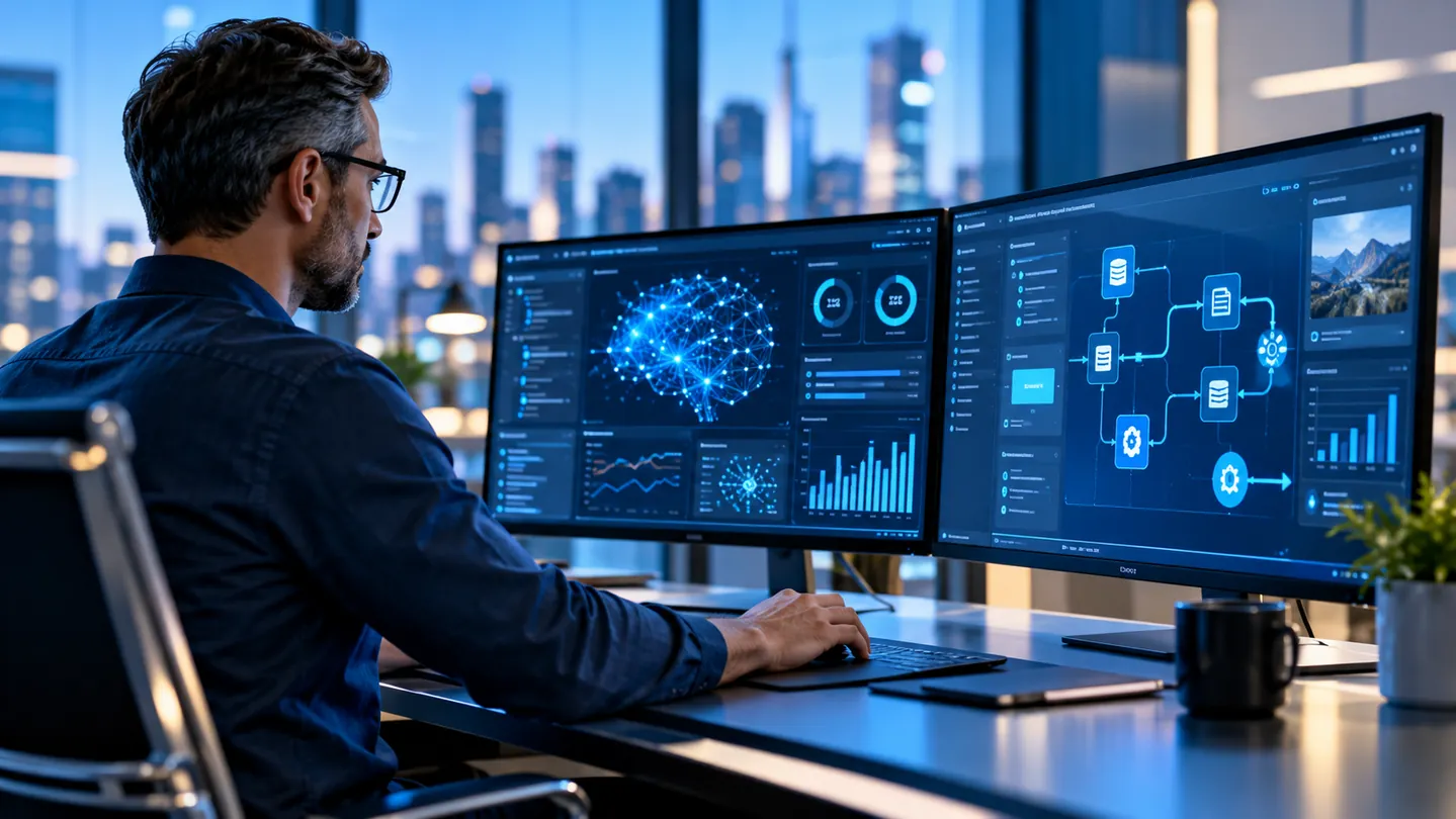 IT specialist working with business automation and AI interfaces (illustrative image)