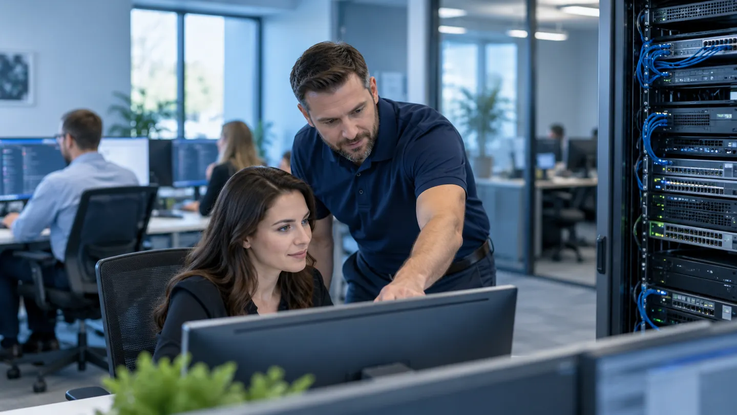 IT specialist assisting a colleague with an office computer (illustrative image)