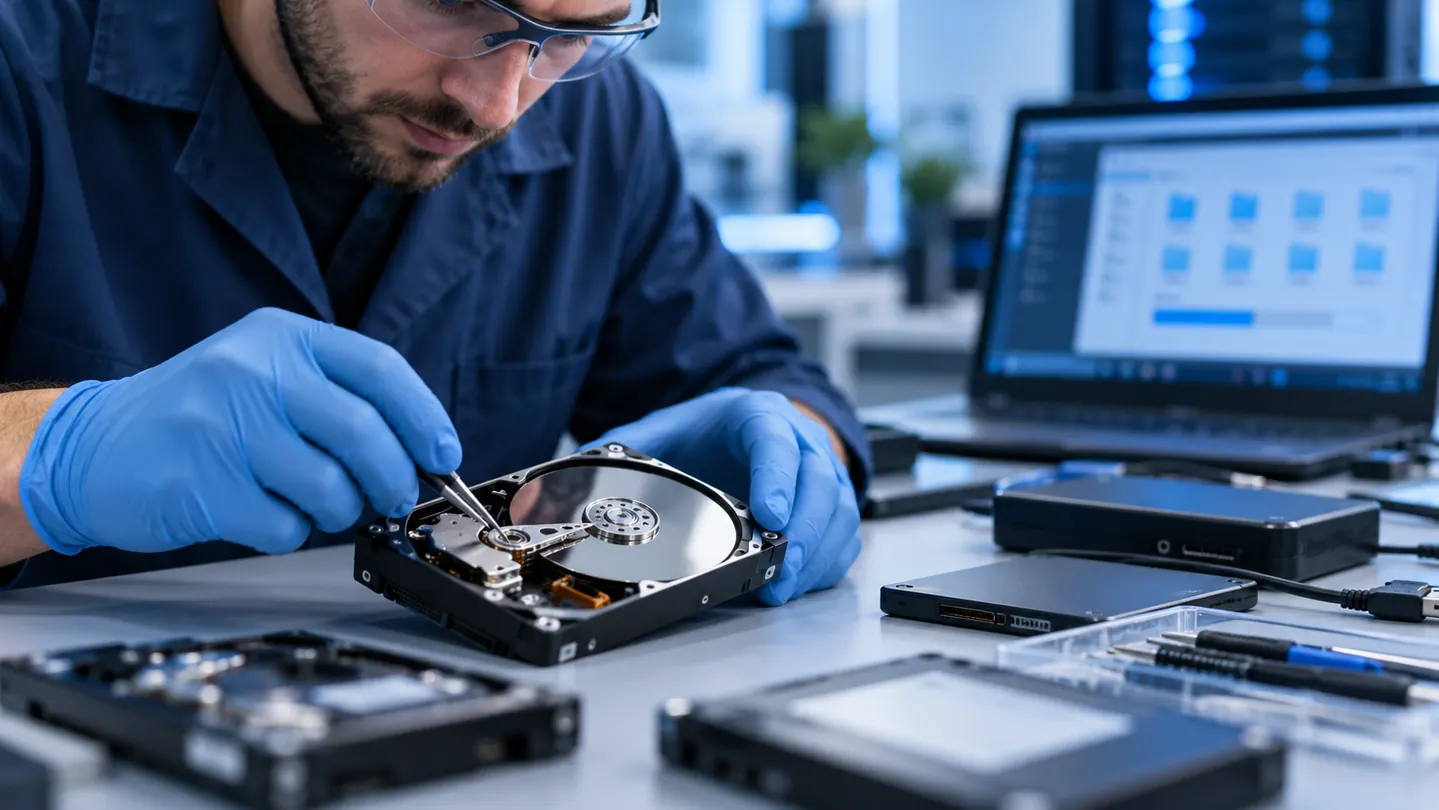Data recovery specialist examining a hard disk in a work area (illustrative image)