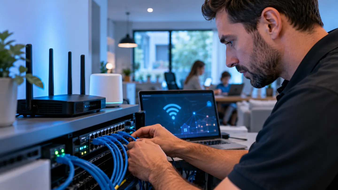 Network technician working on a router and wired network connections (illustrative image)