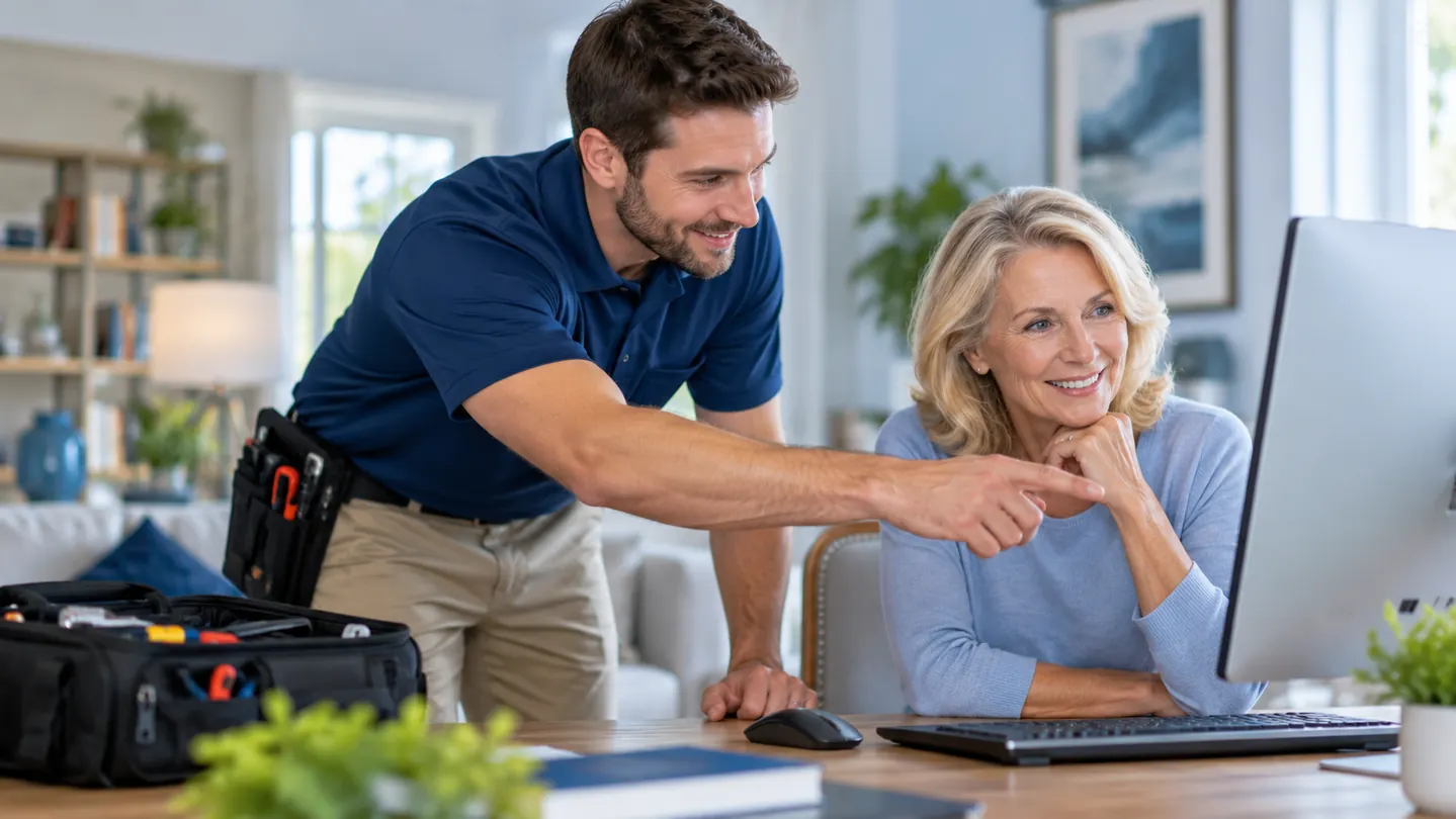 On-site computer support technician helping a customer at home (illustrative image)