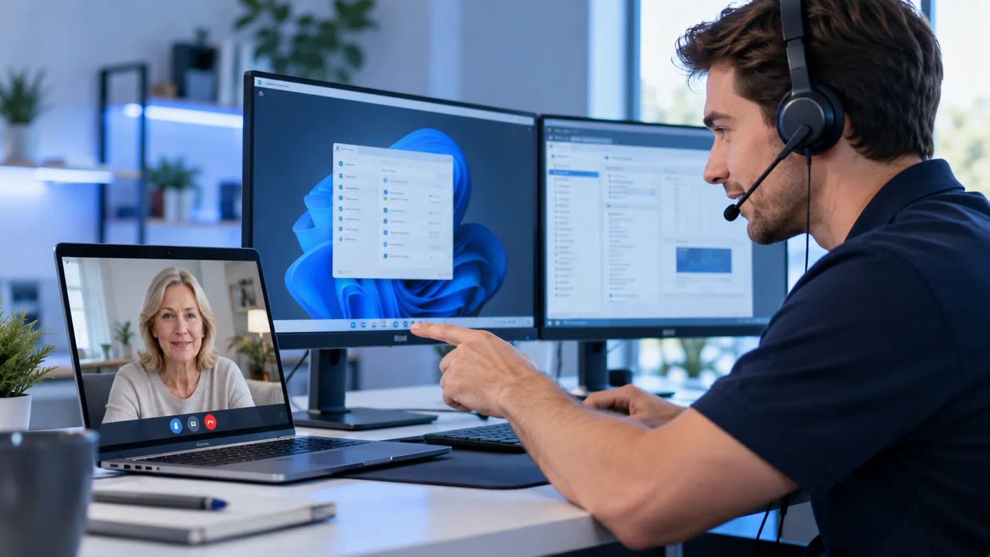 Remote support technician assisting a customer through a video call (illustrative image)
