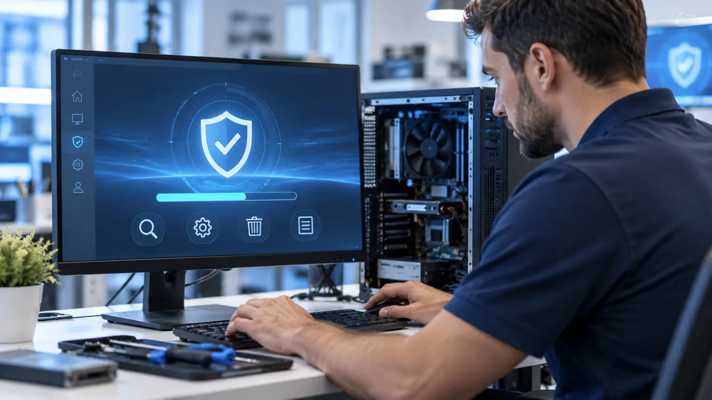 IT technician reviewing computer security and malware protection (illustrative image)
